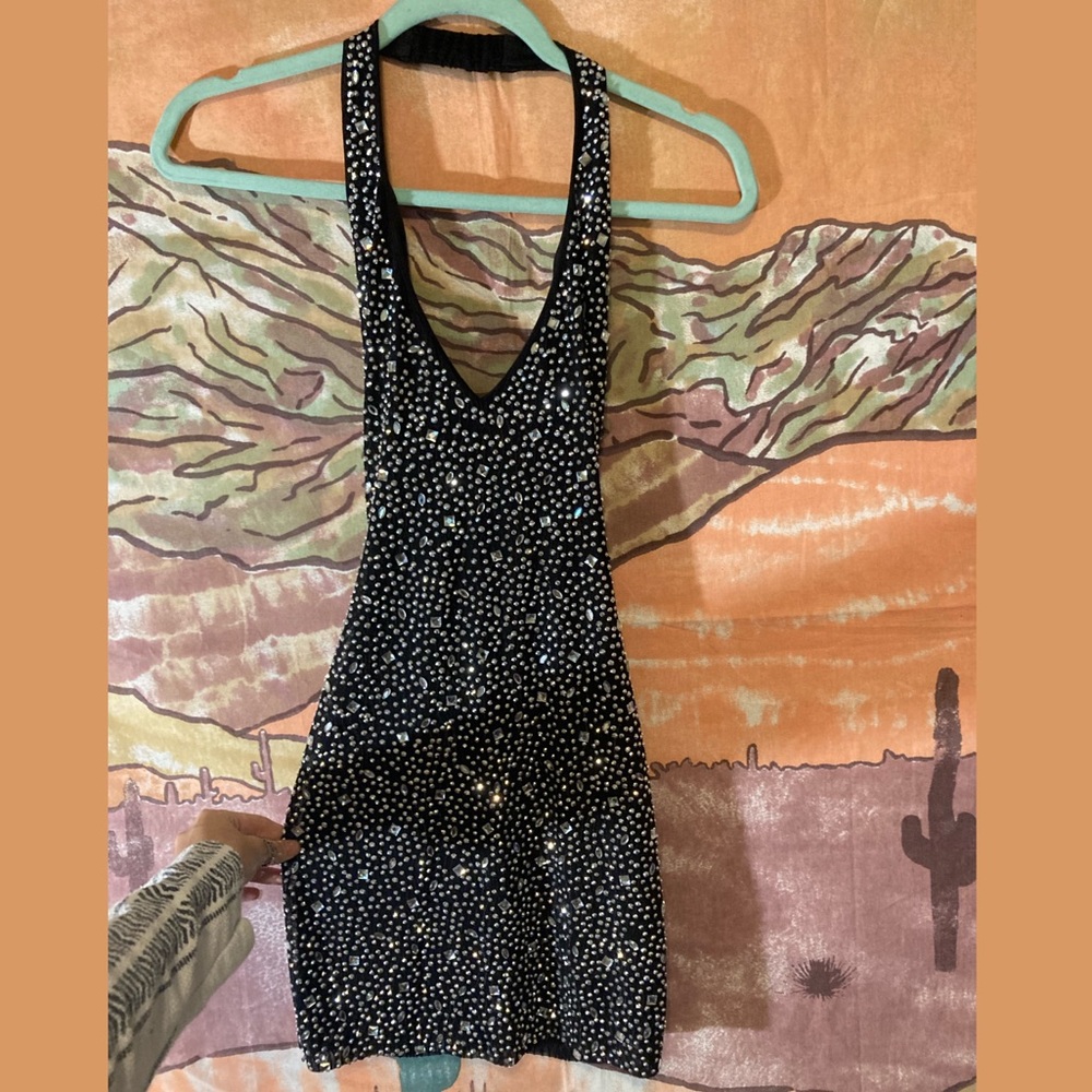 Bedazzled & Rhinestoned Black Mini Halter Dress!!!